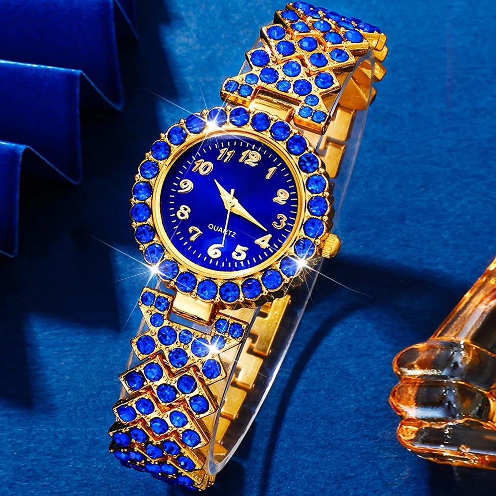 6pcs/set Women's Luxury Rhinestone Quartz Watch Elegant Fashion Analog Wrist Watch & Synthetic Gem Jewelry Set, Gift For Mom Her