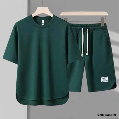 Men's New Waffle Summer Suit 2025 Korean Casual T-shirt + Shorts Suit Men's Tracksuit Solid Color Tracksuit Loose Suit