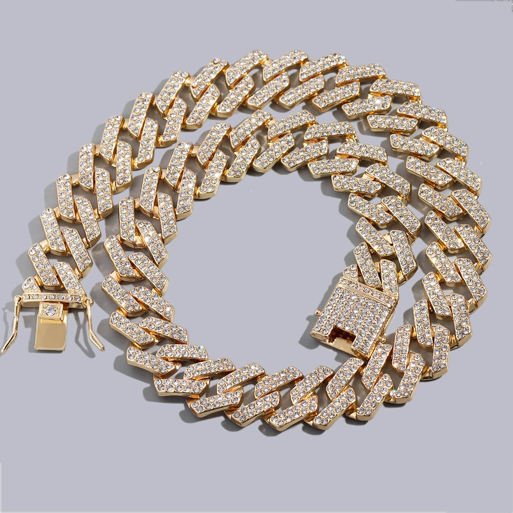 Iced Out Bling AAA Rhinestones Prong Cuban Link Chain Men's Necklace 2 Row Crystal Curb Cuban Chain Hip Hop Jewelry 13/14/20MM