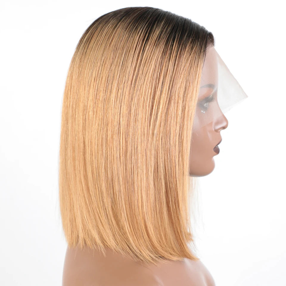 Lekker Ombre Blonde Short Straight Bob 13x1 T Lace Front 100% Human Hair Wigs For Women Glueless Brazilian Remy Hair Colored Wig