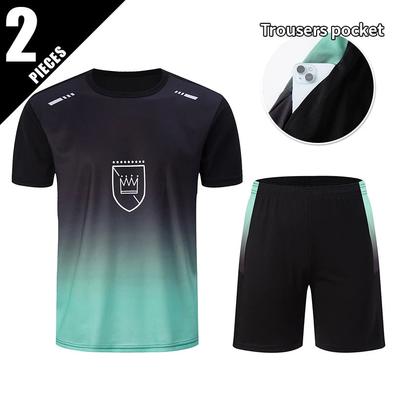 2-Piece Men's Summer Quick drying Sports Suit Loose And Breathable Short Sleeved T-shirt Running And Fitness Black Pocket Shorts