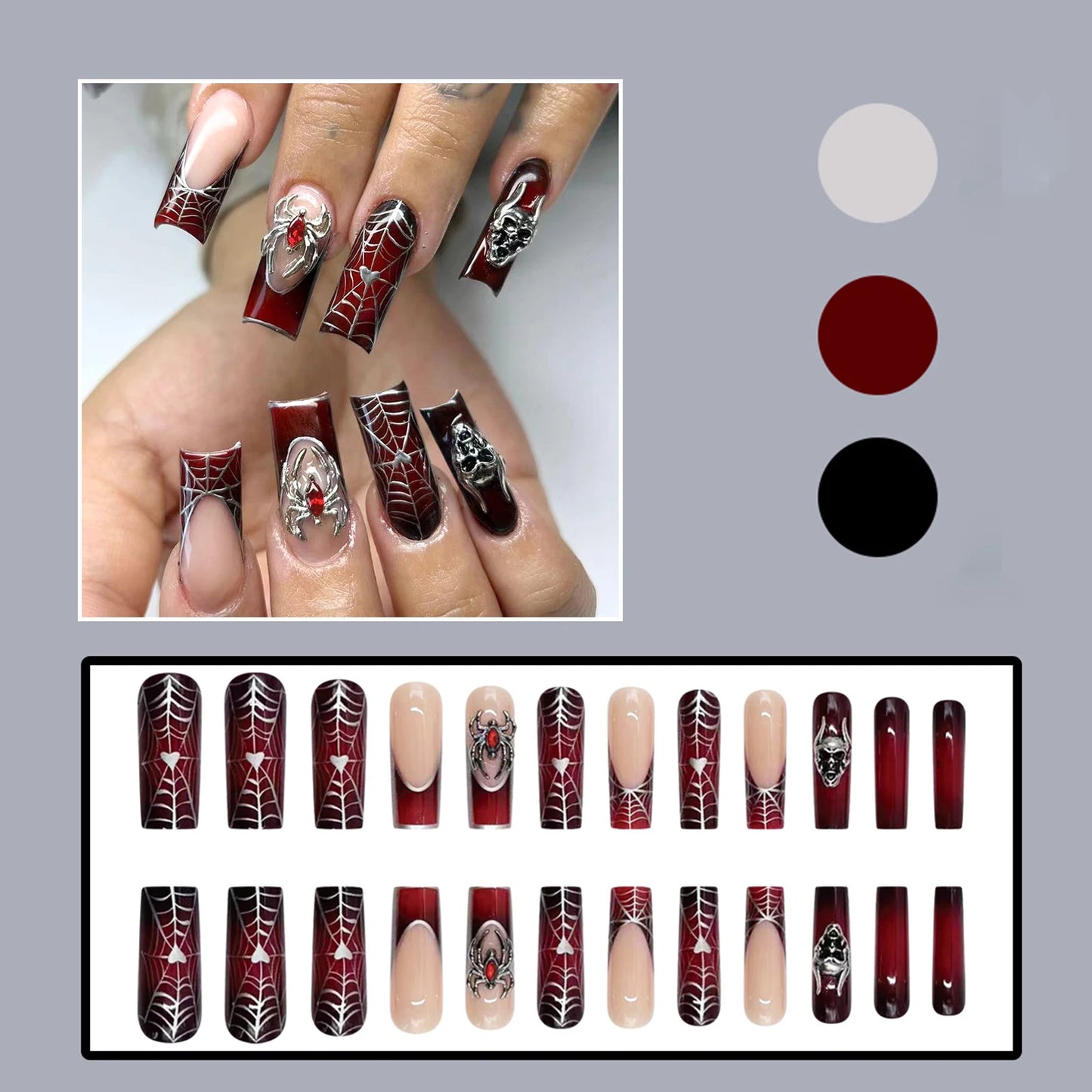 24pcs Punk Metal Style Halloween Fake Nails Long Press On Nails With 3D Silver Spider Decor Ballerina Spider Web False Nails Art