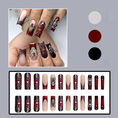 24pcs Punk Metal Style Halloween Fake Nails Long Press On Nails With 3D Silver Spider Decor Ballerina Spider Web False Nails Art