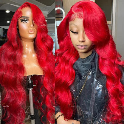 Red Wigs for Women Long Curly Wavy Wig Side Part Heat Resistant for Halloween Costume Cosplay Use HD Lace Front Wigs Human Hair