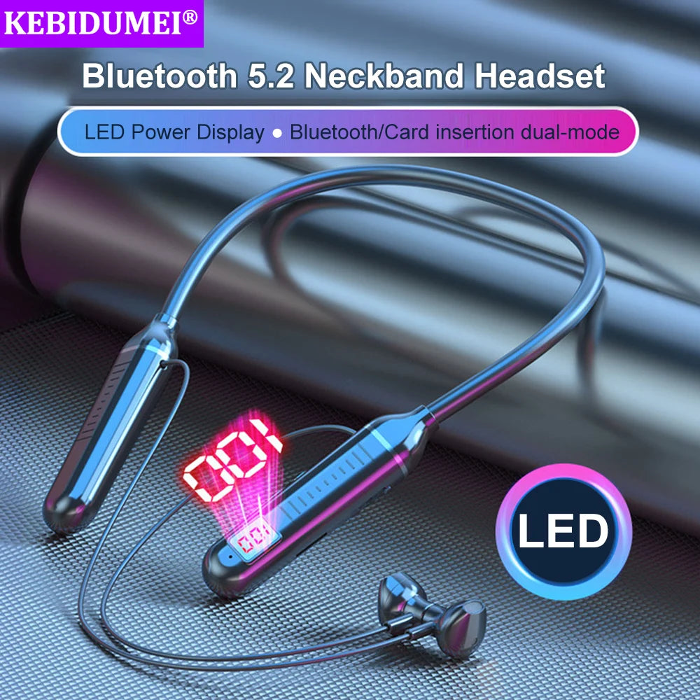 Bluetooth 5.2 Earphones Neckband Headphones TWS Wireless Headsets HiFi Stereo LED Digital Display Dual Mode Waterproof Earbuds