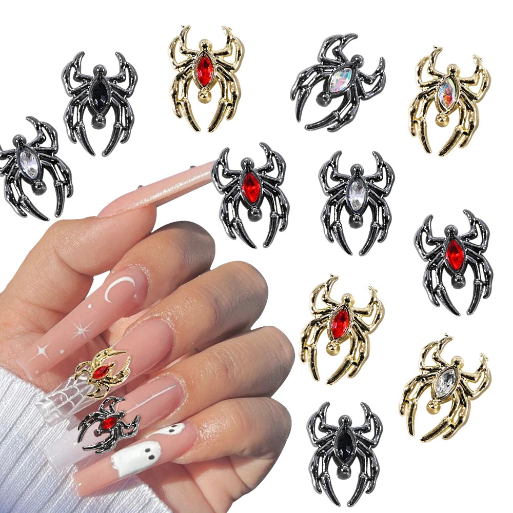 10pcs Halloween Spider Rhinestone 3D Alloy Retro Punk Spider Nail Charms Halloween Nail Art Jewelry Gems for Manicure Decoration