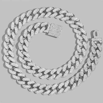Iced Out Bling AAA Rhinestones Prong Cuban Link Chain Men's Necklace 2 Row Crystal Curb Cuban Chain Hip Hop Jewelry 13/14/20MM
