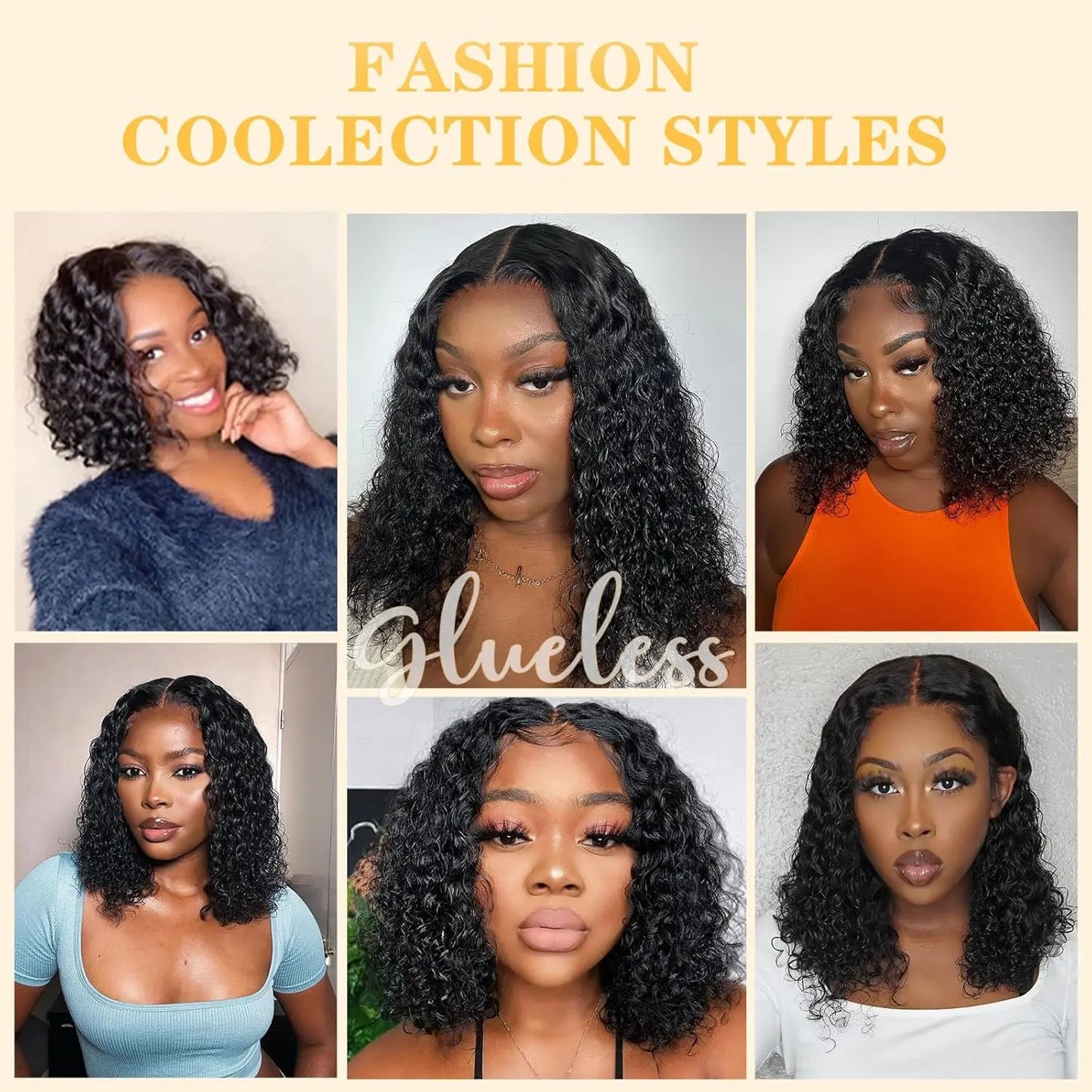Short Bob Glueless Wigs Deep Wave Glueless Human Hair Ready To Wear 180% Pre Cut Lace 4x4 13x4 Culry Lace Front Human Hair Black