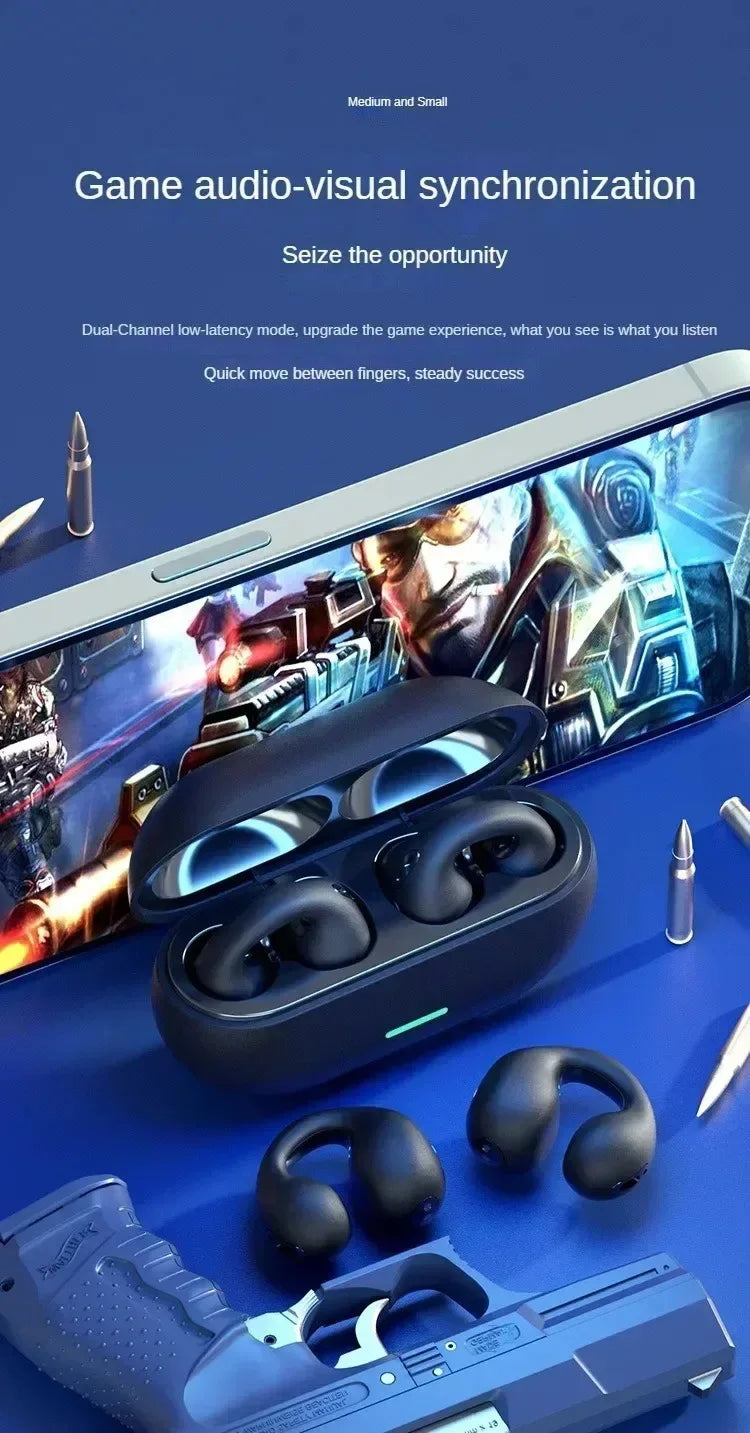 Bluetooth Headset 5.3 Wireless Bone Conduction Headphones Clip Ear Music Noise Canceling HD Call Sports Gaming Earphone