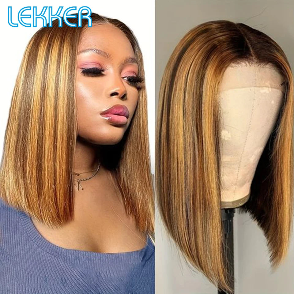 Lekker Highlight Blonde Short Straight Bob 13x6x1 Lace Front Human Hair Wigs For Women Brazilian Remy Hair Colored Glueless Wigs