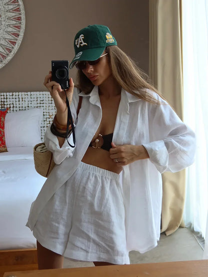 Wolfeel Women's Casual Shorts Sets 100% Cotton Solid Color Cozy Lapel Long Sleeve Shirt Summer New Elastic Waist Shorts Suit