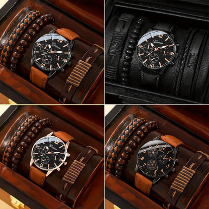 4PCS Fashion Men Watches Casual Male's Quartz Watch Bracelets Set Relogio Masculino Reloj Hombre（Without Box）