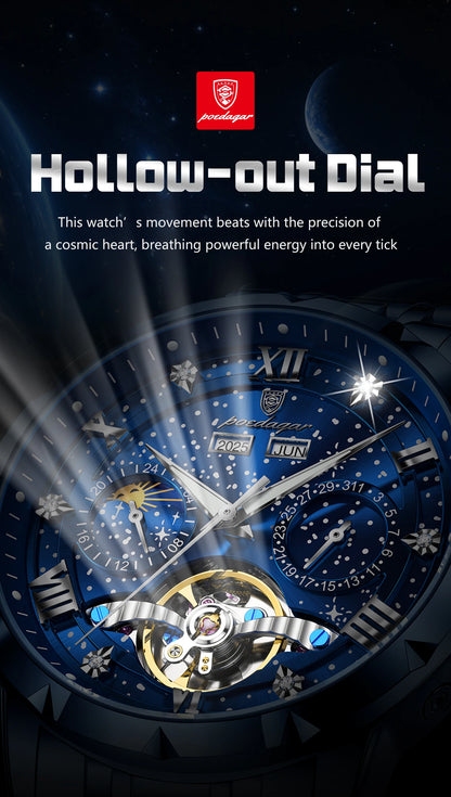 POEDAGAR Luxury Men Wristwatch Fashion Date Hollow Tourbillon Man Clock Automatic Mechanical Stainless Steel Men's Watches Reloj