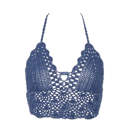 New Sexy Bikini Crop Top Crochet Boho Beach Camisoles Bikini Bralette Halter Cami Knitted Bra Women Backless Beachwear Tank Top
