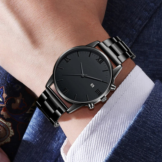 4PCS Men's Watch Set Business Versatile Simple Quartz Watch Bracelet Necklace Ring Set for Daily Clothing Matching