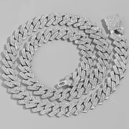 Iced Out Bling AAA Rhinestones Prong Cuban Link Chain Men's Necklace 2 Row Crystal Curb Cuban Chain Hip Hop Jewelry 13/14/20MM