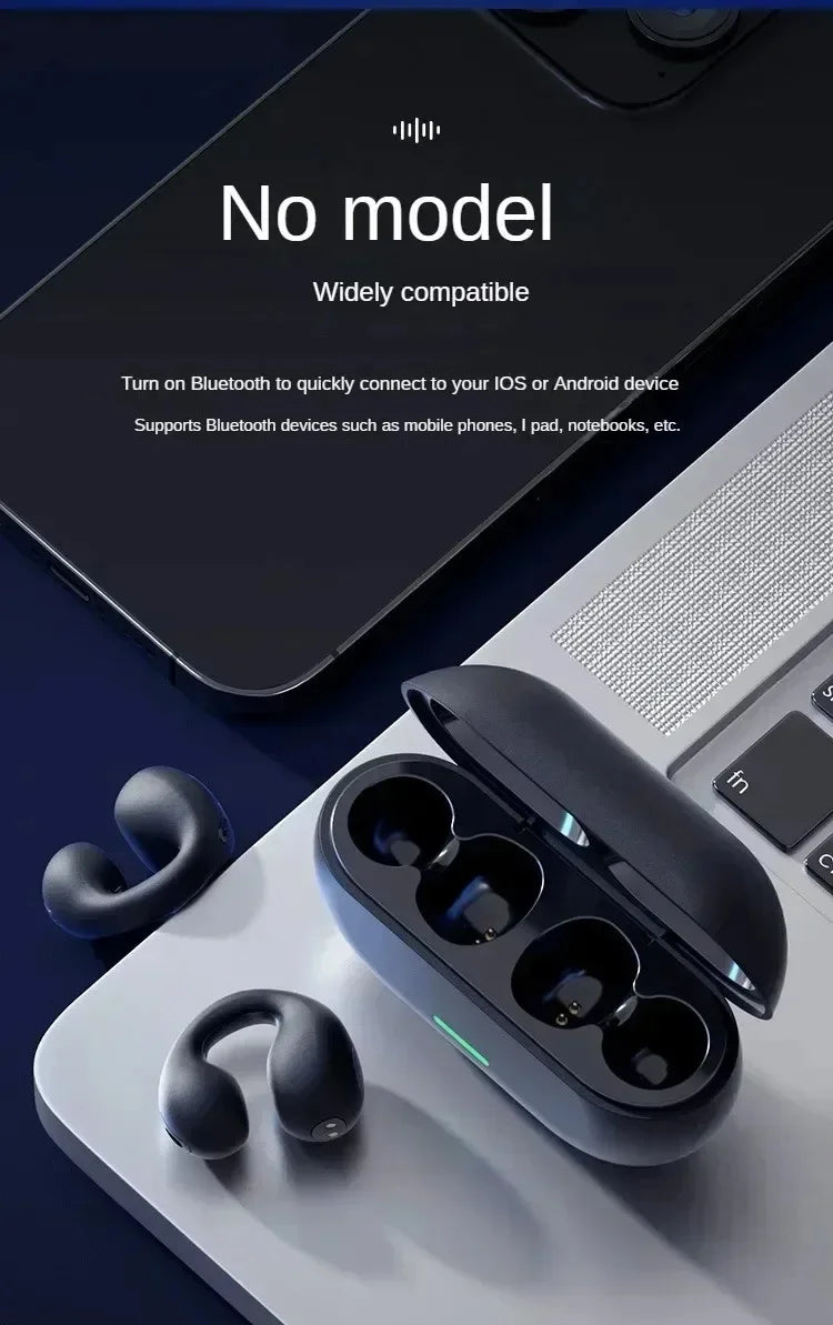 Bluetooth Headset 5.3 Wireless Bone Conduction Headphones Clip Ear Music Noise Canceling HD Call Sports Gaming Earphone