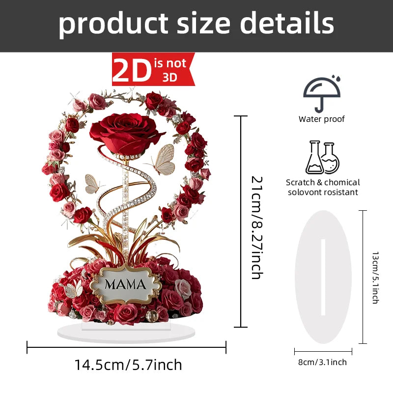 Ornamento acrílico 2d rosa vermelha mãe padrão rosas mãe plana elegante mesa decora filial criança para mãe presentes