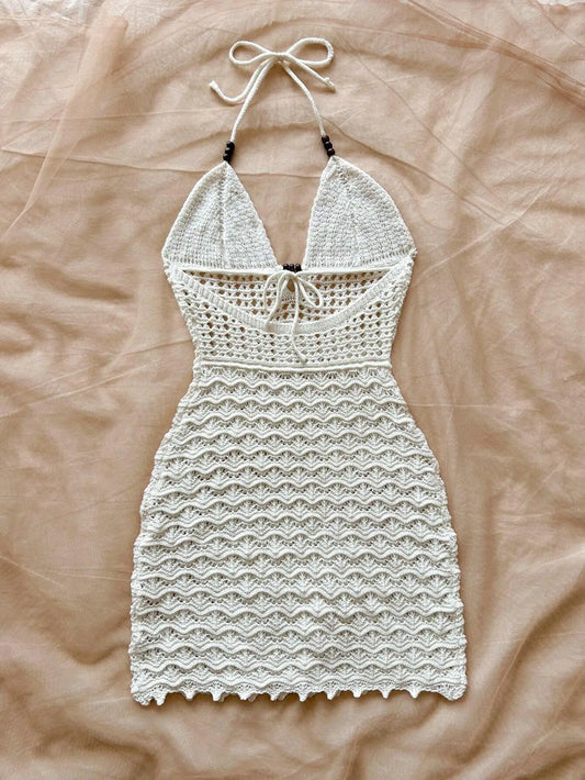 Soleia Summer Sexy V-Neck Hollow-Out Wooden Beads Fitted Dress, Vacation Spaghetti Strap Backless Ombre Knitted Dress, Suitable