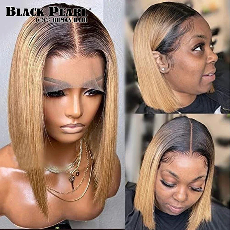 Ombre Straight Bob 13x6X2 Lace Front Wigs Human Hair Short Bob Wigs Ash Blonde Remy Hair Pre Plucked Glueless Wig with Bangs