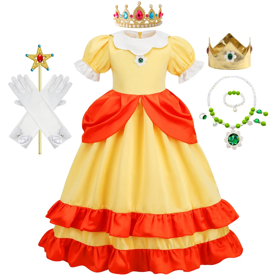 Game Princess Daisy Cosplay Costume Girls Cute Lolita LED Light Flashing Dress Fancy Halloween Carnival Wig Uniforms Clothing