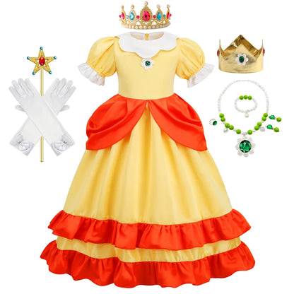 Game Princess Daisy Cosplay Costume Girls Cute Lolita LED Light Flashing Dress Fancy Halloween Carnival Wig Uniforms Clothing