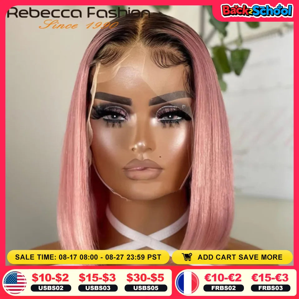 Short Cut Colored Pink Bob T Part Lace Wigs Human Hair Wigs 180D Transparent Ombre Pink Brazilian Straight Lace Front Wigs