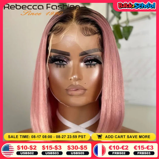 Short Cut Colored Pink Bob T Part Lace Wigs Human Hair Wigs 180D Transparent Ombre Pink Brazilian Straight Lace Front Wigs