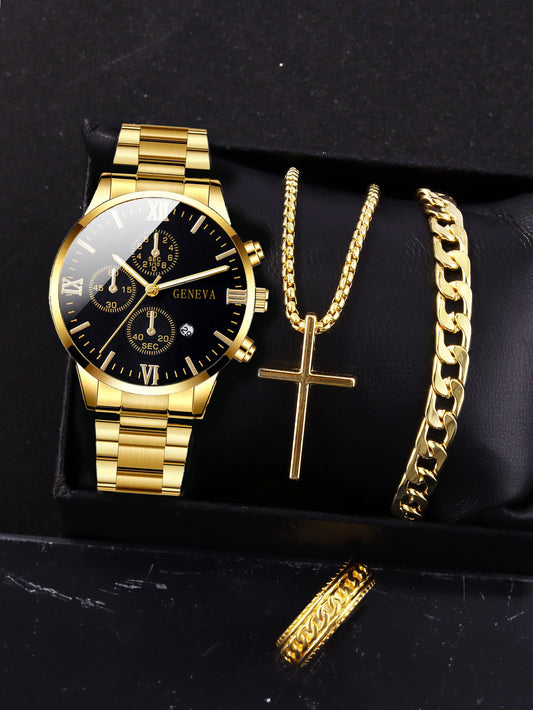 4pcs Gold Alloy Roman Quartz Watch with Calendar and Cross Necklace Ring Set for Men
