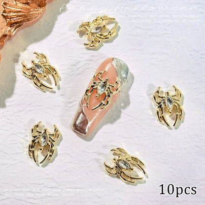 10pcs Halloween Spider Rhinestone 3D Alloy Retro Punk Spider Nail Charms Halloween Nail Art Jewelry Gems for Manicure Decoration