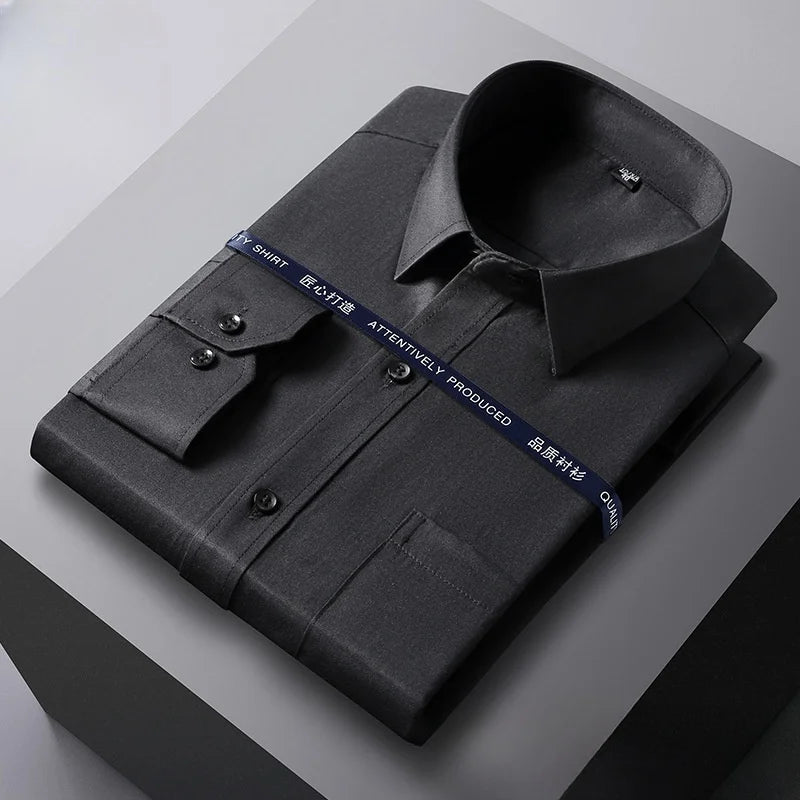 Men Formal Shirt Long Sleeve Office Solid Color Anti-Wrinkle Fashion Business Pocket White Social Pocket OfficeWhite Shirt S-5XL