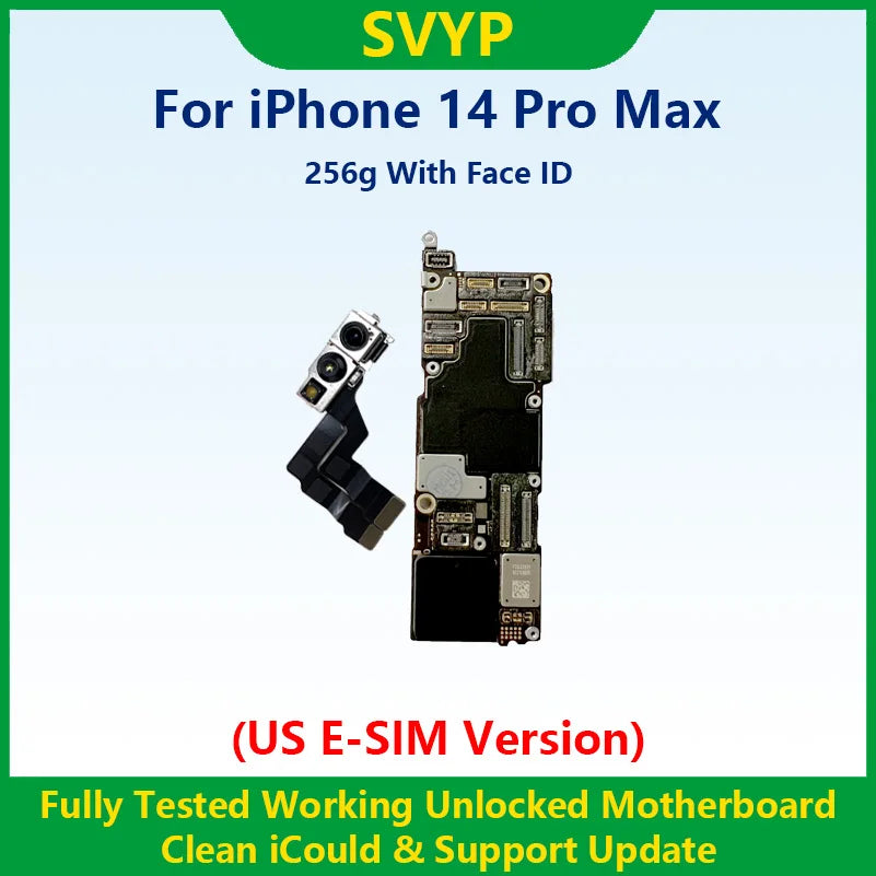 100%Working Fully Tested Mainboard For iPhone 14 Pro Max Unlocked Motherboard With Face ID Cleaned iCloud US E-SIM Version