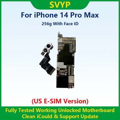 100%Working Fully Tested Mainboard For iPhone 14 Pro Max Unlocked Motherboard With Face ID Cleaned iCloud US E-SIM Version