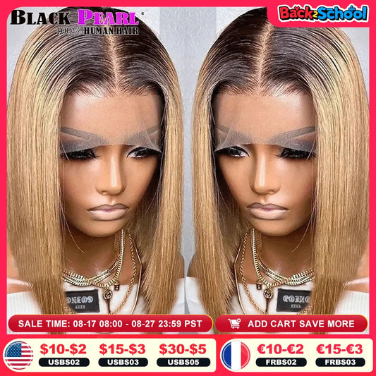 Ombre Straight Bob 13x6X2 Lace Front Wigs Human Hair Short Bob Wigs Ash Blonde Remy Hair Pre Plucked Glueless Wig with Bangs
