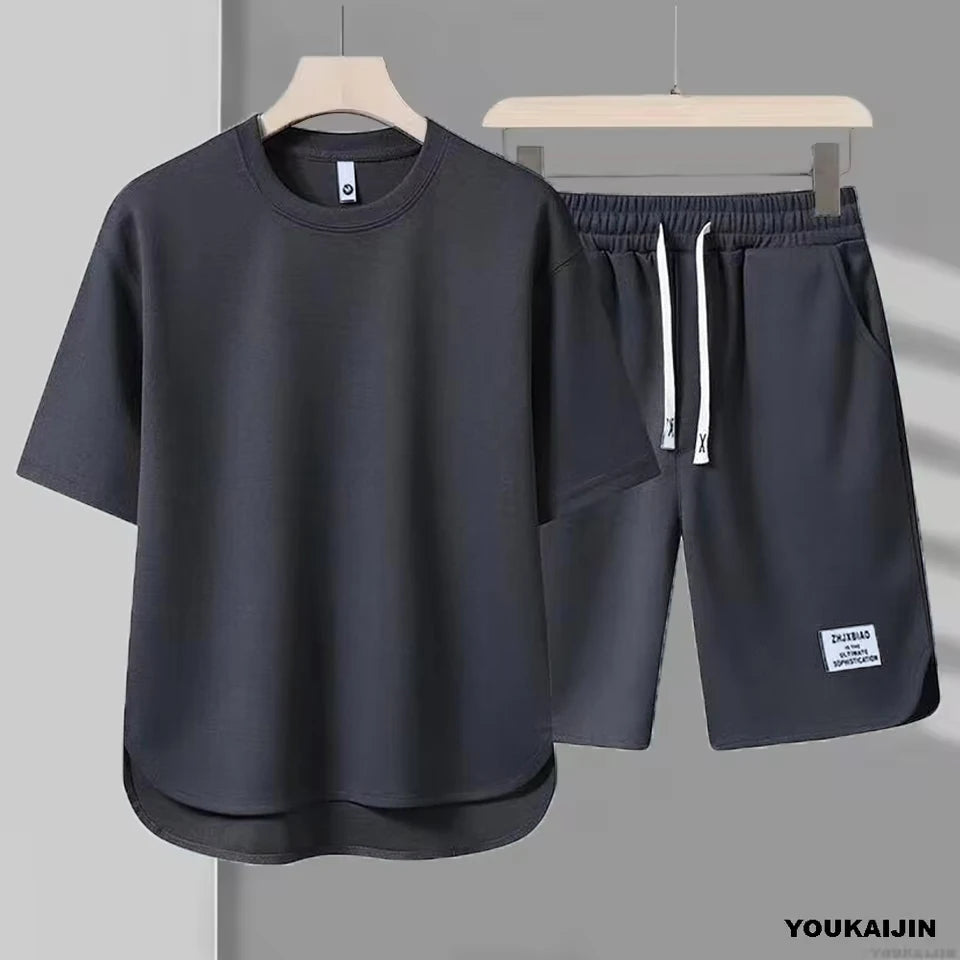 Men's New Waffle Summer Suit 2025 Korean Casual T-shirt + Shorts Suit Men's Tracksuit Solid Color Tracksuit Loose Suit