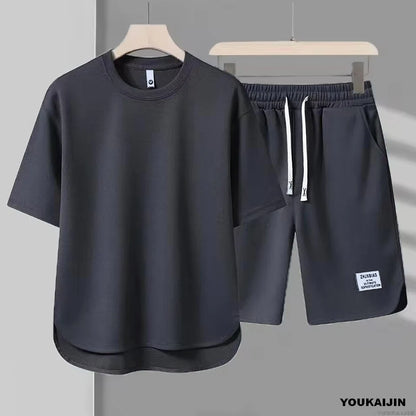 Men's New Waffle Summer Suit 2025 Korean Casual T-shirt + Shorts Suit Men's Tracksuit Solid Color Tracksuit Loose Suit