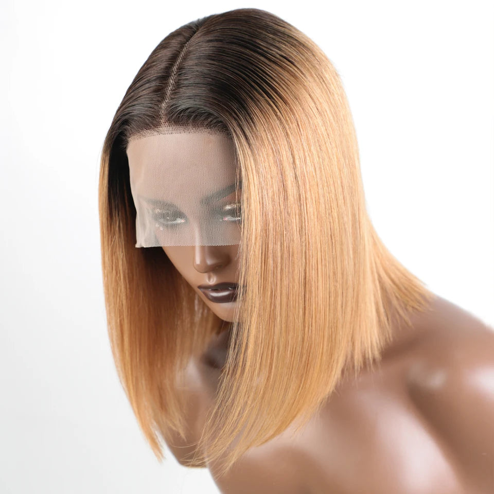 Lekker Ombre Blonde Short Straight Bob 13x1 T Lace Front 100% Human Hair Wigs For Women Glueless Brazilian Remy Hair Colored Wig