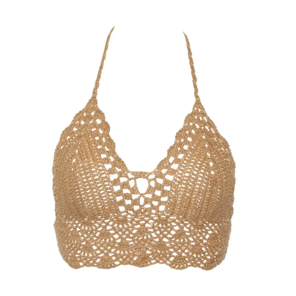 New Sexy Bikini Crop Top Crochet Boho Beach Camisoles Bikini Bralette Halter Cami Knitted Bra Women Backless Beachwear Tank Top