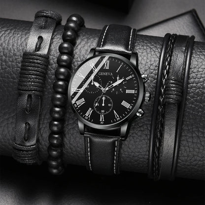 New Men's Watch Luxury Bracelet Multi Piece Set Fashion Business Black Leather Quartz Watch Men's Gift Set Reno Masculino