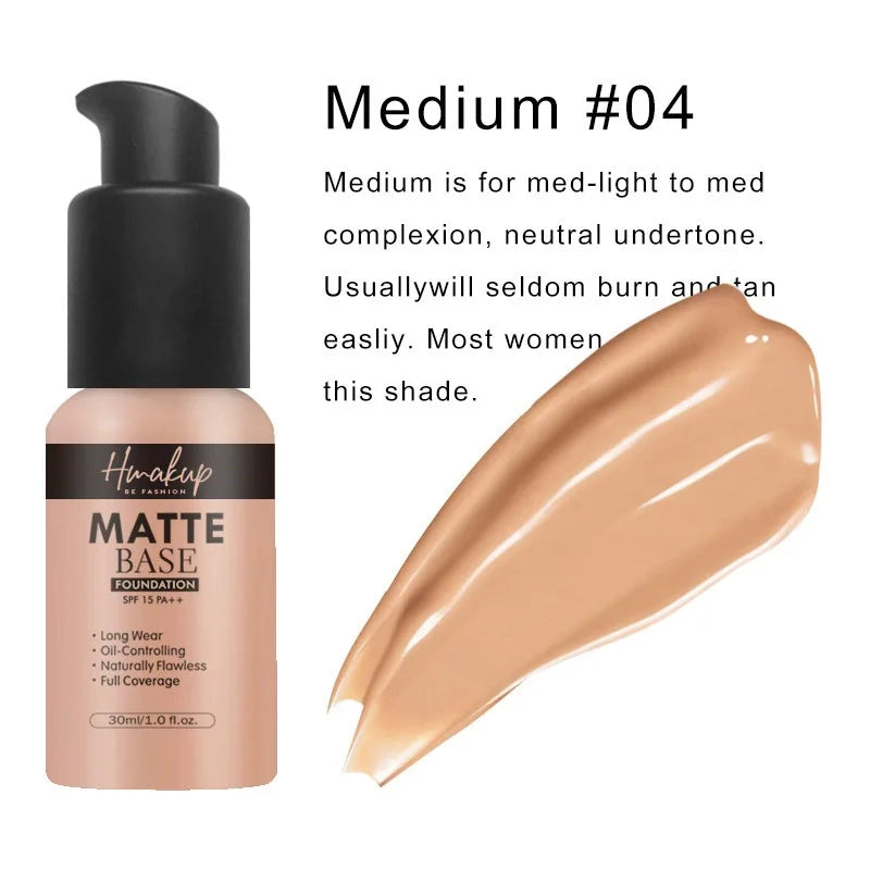 30ml 6 Colors Matte Liquid Foundation Oil Control Waterproof Lasting Full Coverage Facial Natural Concealer Base Makeup Cosmetic