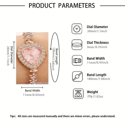 6pcs Women's Watch Rhinestone Heart Pointer Quartz Watch Cute Bracelet Wrist Watch & Jewelry Set, Gift For Her