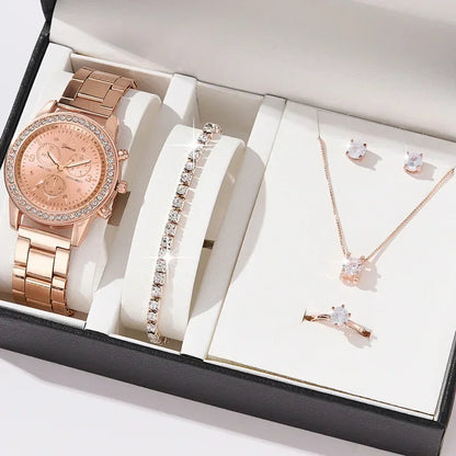 6pcs/set Jewelry Sets Women Quartz Watch Luxury with Stainless Steel Strap Clock Rhinestone Ring Necklace Earrings (no Box)