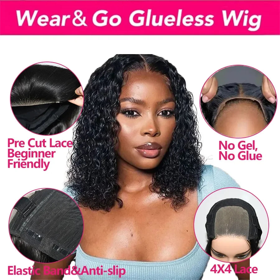 Short Bob Glueless Wigs Deep Wave Glueless Human Hair Ready To Wear 180% Pre Cut Lace 4x4 13x4 Culry Lace Front Human Hair Black