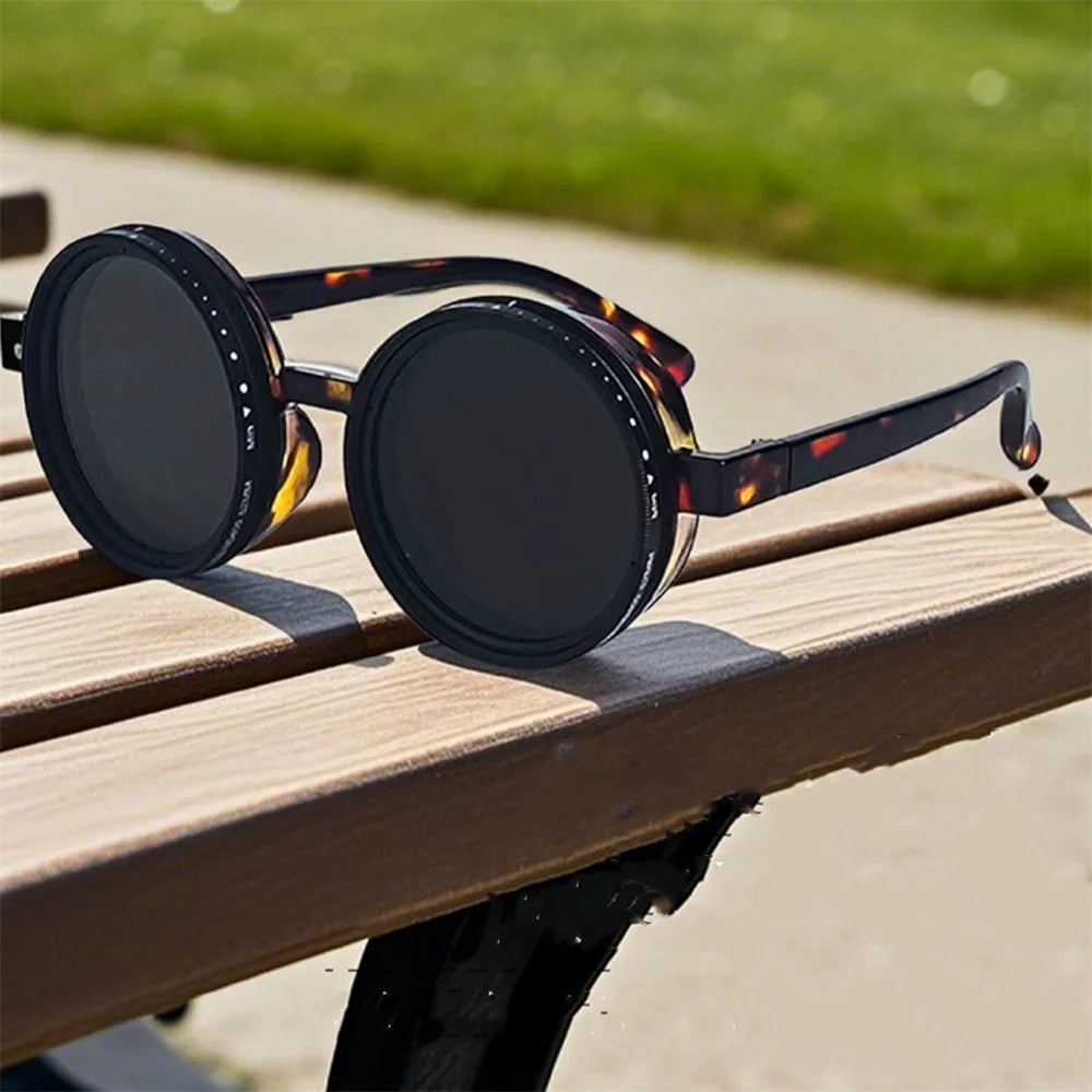 ND2-400 9 Level Adjustable Dimming Polarized Fishing Round Men Sunglasses Vintage Punk Driving Sunglasses Gift Hard Case