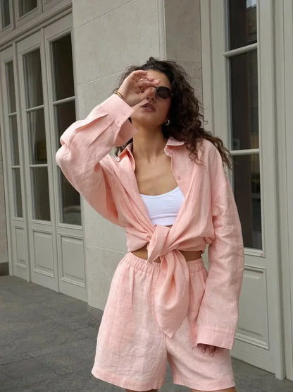 Wolfeel Women's Casual Shorts Sets 100% Cotton Solid Color Cozy Lapel Long Sleeve Shirt Summer New Elastic Waist Shorts Suit