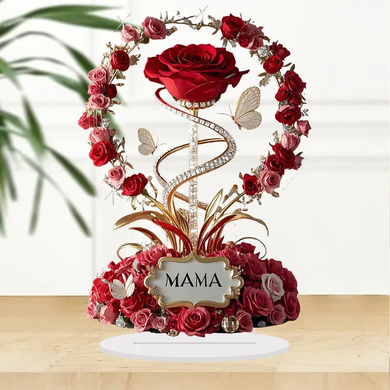 Ornamento acrílico 2d rosa vermelha mãe padrão rosas mãe plana elegante mesa decora filial criança para mãe presentes