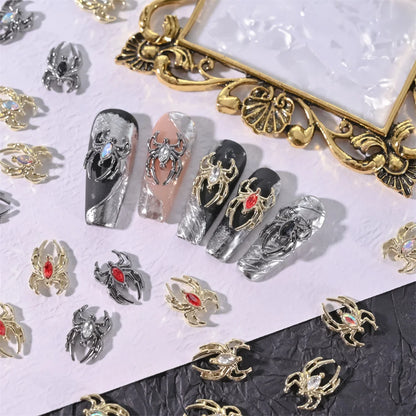 10pcs Halloween Spider Rhinestone 3D Alloy Retro Punk Spider Nail Charms Halloween Nail Art Jewelry Gems for Manicure Decoration