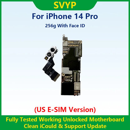 100%Working Fully Tested Mainboard For iPhone 14 Pro Max Unlocked Motherboard With Face ID Cleaned iCloud US E-SIM Version