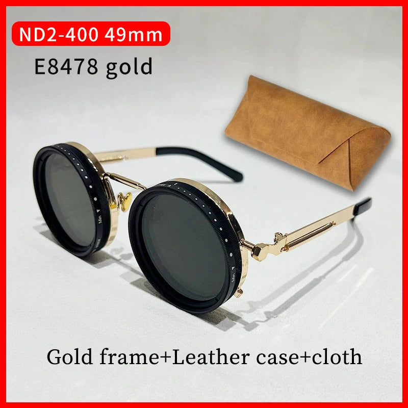 ND2-400 9 Level Adjustable Dimming Polarized Fishing Round Men Sunglasses Vintage Punk Driving Sunglasses Gift Hard Case