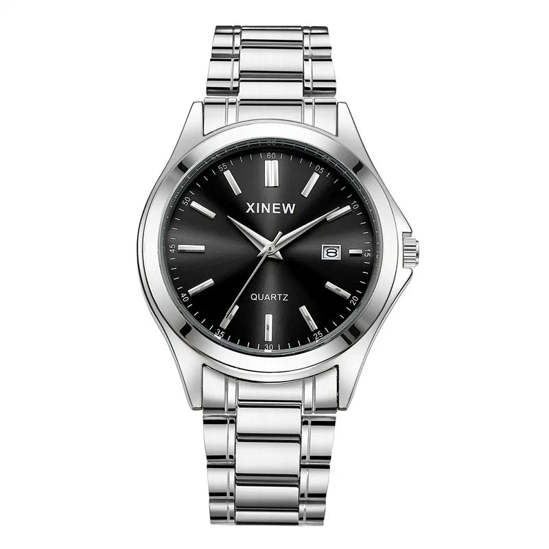 Genuine XINEW Brand Men Watches Students Fashion Casual Full Stainless Steel Band Simple Date Quartz Wrist Vintage Watch Silver